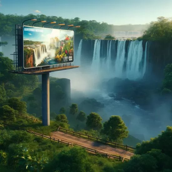 Estratégias de publicidade em outdoors para destacar as Cataratas do Iguaçu como um destino imperdível para ecoturistas.